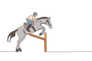 een enkele lijntekening van jonge ruiter man uitvoeren dressuur springen de hindernis test vector illustratie afbeelding. paardensport show competitie concept. modern ononderbroken lijntekeningontwerp