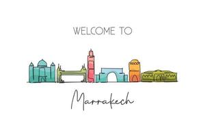 enkele doorlopende lijntekening van de skyline van de stad van marrakech, marokko. beroemde stad schraper en landschap home muur decor poster print. wereld reizen concept. moderne één lijn tekenen ontwerp vectorillustratie vector