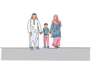 enkele doorlopende lijntekening van jonge arabische moeder en vader lopen samen en houden de hand van hun jongenszoon vast. islamitische moslim gelukkige familie ouderschap concept. één lijn tekenen ontwerp vectorillustratie vector