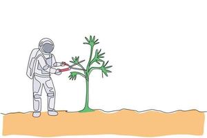 een enkele lijntekening van astronaut snijden boomblad met behulp van tuinieren schaar in maan oppervlak vector grafische afbeelding. ruimte tuinieren concept. modern ononderbroken lijntekeningontwerp