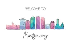 een doorlopende lijntekening van de skyline van de stad montgomery, alabama. mooi oriëntatiepunt. wereld landschap toerisme reizen muur decor poster kunst, briefkaart. stijlvolle enkele lijn tekenen ontwerp vectorillustratie vector