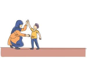 een enkele lijntekening van een jonge Arabische moeder die een high five-gebaar geeft aan haar zoon voordat ze naar school gaat vectorillustratie. gelukkig islamitisch moslim familie ouderschap concept. ononderbroken lijntekening ontwerp vector