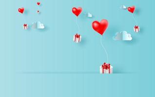 3d papier kunst en ambacht stijl van rood ballonnen hart geschenk drijvend in lucht met landschap cloudscape visie schaduw tafereel plaats voor uw tekst ruimte in reizen vakantie concept.blauw kleur pastel.vector. vector