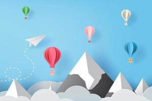 3d papier kunst en ambacht van wit papier vliegtuigen vliegend en ballonnen Aan blauw lucht en wolken, creatief ontwerp papier besnoeiing vliegtuigen voor bedrijf succes concept idee, pastel kleur, vector illustratie