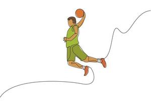een enkele lijntekening van jonge energieke basketbalspeler slam dunk vectorillustratie. sport competitie concept. modern ononderbroken lijntekeningontwerp voor poster en banner voor basketbaltoernooien vector