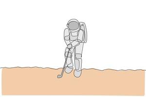 een enkele lijntekening van ruimtevaarder-astronaut die golf beoefent op het maanoppervlak, kosmische melkweg vectorillustratie. gezonde ruimte kosmonaut levensstijl sport concept. modern ononderbroken lijntekeningontwerp vector