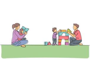 enkele doorlopende lijntekening van jonge moeder die een boek leest aan dochter en vader die een blokpuzzelhuis spelen met zoon thuis. gelukkig familie ouderschap concept. één lijn tekenen ontwerp vectorillustratie vector