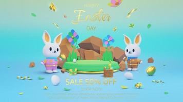 kleurrijk Pasen achtergrond met Product Scherm staan en twee schattig konijntjes versierd met goud eieren en linten. vector illustratie.
