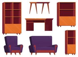 meubilair items in tekenfilm stijl. verzameling van houten garderobe, stoel, tafel, bureau en fauteuil vector illustratie geïsoleerd Aan wit
