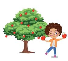 jongen plukken appels van boom vector