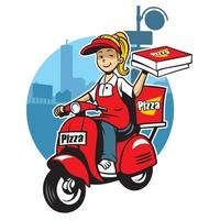 meisje net zo een pizza levering onderhoud rijden een scooter vector