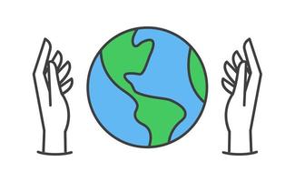 hand- Holding planeet aarde, lineair vector icoon. opslaan de planeet. aarde dag symbool. wereld milieu behoud.