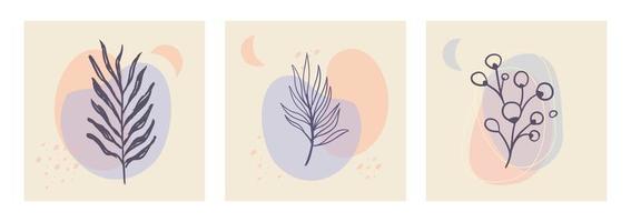 botanisch muur kunst vector set. esthetisch gebladerte lijn kunst tekening met biologisch abstract vormen. fabriek kunst ontwerp voor afdrukken, omslag, behang. minimalistische en natuurlijk ontwerp.