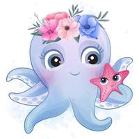 schattige kleine octopus met aquarel illustratie vector