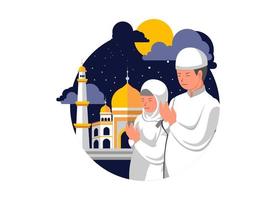 vlak ontwerp illustratie van kinderen bidden onder de halve maan maan in Ramadan vector