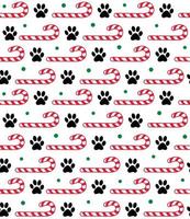 naadloos patroon van Kerstmis hond huisdier, hond poten prints en snoep riet- Kerstmis vector ontwerp