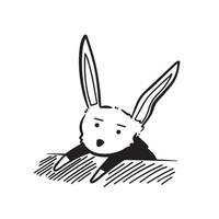 schattig verveeld, moe, verdrietig, of verward tekenfilm konijn tekening met zwart schets vector illustratie geïsoleerd Aan plein wit sjabloon behang. gemakkelijk en vlak kunst gestileerd tekening.
