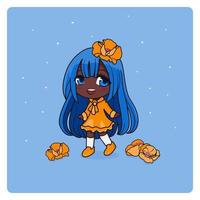 schattig en kawaii afro Amerikaans meisje met papavers. gelukkig manga chibi meisje met geel bloemen. vector illustratie. allemaal voorwerpen zijn geïsoleerd. kunst voor afdrukken, dekt, posters en ieder gebruiken.