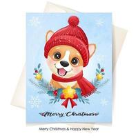 schattige doodle puppy voor Kerstmis met aquarel illustratie vector