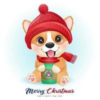 schattige doodle corgi voor kerstdag met aquarel illustratie vector