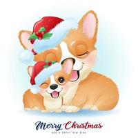 schattige doodle corgi voor kerstdag met aquarel illustratie vector