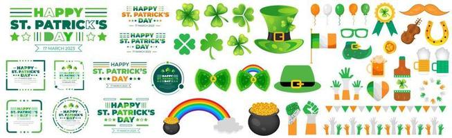 gelukkig st. Patrick dag elementen mega reeks met groen Klaver, klaver, groen ale, goud munten pot, en regenboog Aan wit achtergrond. st. Patrick dag typografie mega bundel. heilige Patrick dag bundel. vector