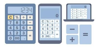 rekenmachine icoon set. eenvoudig rekenmachine met reeks van cijfers in smartphone app en laptop. vector vlak illustratie