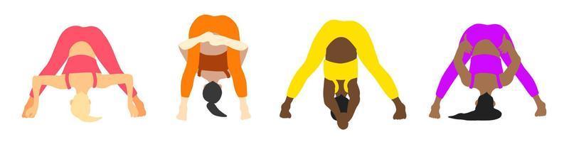 yoga poses verzameling. Europese, Afrikaanse, aziatisch. vrouw vrouw meisje. vector illustratie in tekenfilm vlak stijl geïsoleerd Aan wit achtergrond.