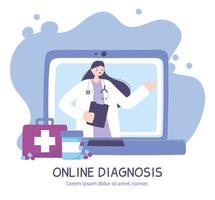 nline diagnosebanner met arts en laptop vector