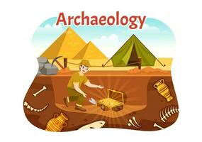 archeologie illustratie met archeologisch uitgraving van oude ruïnes, artefacten en dinosaurussen fossiel in vlak tekenfilm hand- getrokken Sjablonen vector