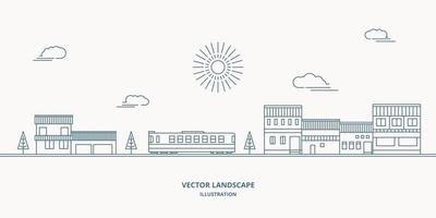 vector landschap met huizen, gebouw, boom, lucht. voorstedelijk landschap. platte lijn ontwerp vector.