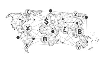 wereldwijde netwerkverbinding. muntstuk. overschrijving. wereldkaartpunt en lijnsamenstelling concept van globale zaken. vector illustratie