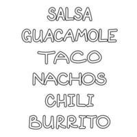 Mexicaans menu belettering met traditioneel voedsel namen guacamole, Salsa, taco, nacho's, Chili, burrito. vector illustratie