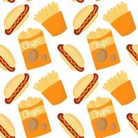 snel voedsel tekenfilm naadloos patroon kleurrijk. chips, Patat en hotdog reeks van illustratie. vector