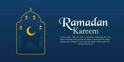 Ramadan kareen vector poster vlak kunst met moskee noodlot en hangende lantaarn in achtergrond halve maan maan en sterrenhemel lucht nacht ontwerp geïsoleerd vrij bewerkbare voor inhoud materiaal Bedrijfsmiddel banier