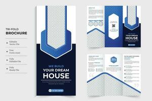 creatief tri vouwen brochure ontwerp voor echt landgoed bedrijf Promotie met meetkundig vormen. modern huis verkoop bedrijf afzet brochure en brochure vector. huis bouw bedrijf sjabloon. vector