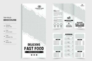 creatief voedsel menu tri vouwen brochure ontwerp met borstel effect Aan een wit achtergrond. modern voedsel menu poster en brochure lay-out vector voor marketing. restaurant bedrijf promotionele brochure sjabloon.