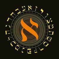 vector illustratie van de Hebreeuws alfabet in circulaire ontwerp. Hebreeuws brief gebeld alef groot en roodachtig oranje.
