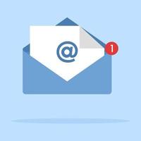 postvak IN icoon concept, Open envelop met brief binnen, blauw gevouwen envelop icoon, mail icoon met schaduw Aan blauw achtergrond, gemakkelijk ontwerp stijl. vector
