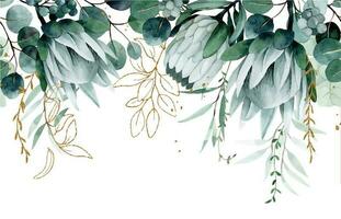 waterverf tekening. naadloos grens met tropisch bloemen en bladeren. protea bloemen en eucalyptus bladeren met gouden elementen vector