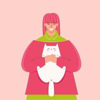 gelukkig vrouw Holding kat. huisdier eigendom, huisdier ouder. gelukkig miauw jaar en katten dag. adopteren katten en maken hen gelukkig. vector illustratie.