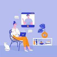 vrouw met laptop zittend in een stoel. vrouw freelancer thuis. online werk, online conversatie. platte vectorillustratie. vector