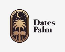 datum palm boom nacht lucht halve maan maan ster licht wijnoogst postzegel etiket insigne goud vector logo ontwerp