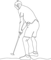 een lijn tekening van jong golf speler swinging golf club en raken bal. kom tot rust sport concept. toernooi Promotie ontwerp vector grafisch illustratie