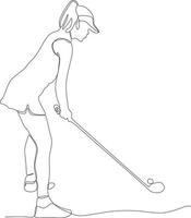 single lijn tekening van jong vrouw golf speler swinging golf club en raken bal. kom tot rust sport concept. toernooi Promotie ontwerp vector grafisch illustratie