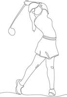 single lijn tekening van jong vrouw golf speler swinging golf club en raken bal. kom tot rust sport concept. toernooi Promotie ontwerp vector grafisch illustratie