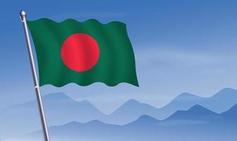 Bangladesh vlag met achtergrond van bergen en skynd blauw lucht vector