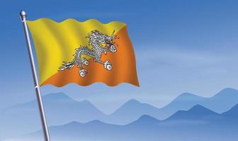 Bhutan vlag met achtergrond van bergen en skynd blauw lucht vector