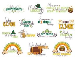 st. Patrick dag leuze belettering reeks decoratie met Klaver, hoefijzer, elf van Ierse folklore hoed, regenboog vector