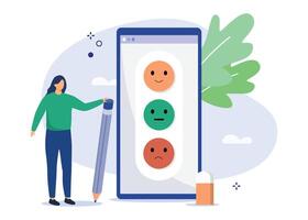 tekens geven positief terugkoppeling en indienen checklist Aan smartphone. beoordeling schaal en klant tevredenheid concept. vector illustratie.